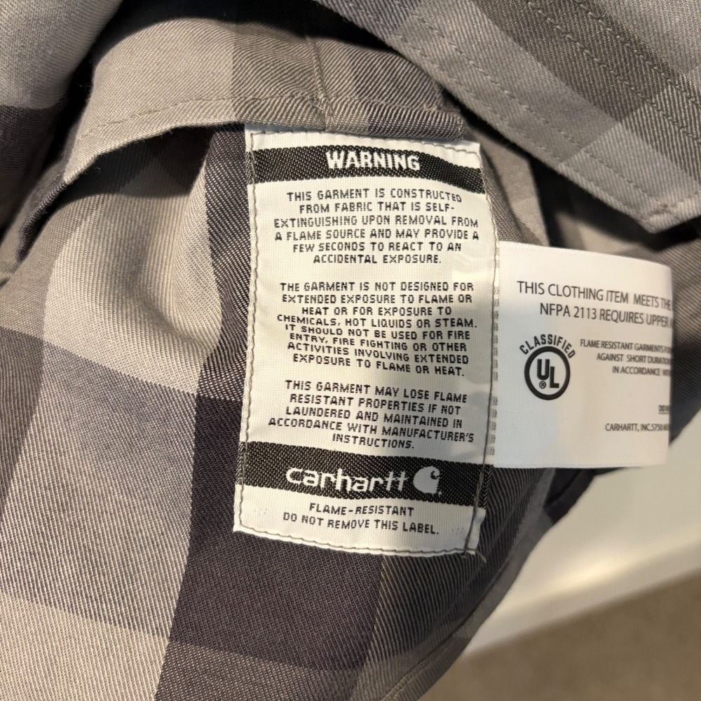 Carhartt FR Flame Resistant Plaid Work Shirt Mens Large Grey 104507 CAT 2 - Picture 7 of 9